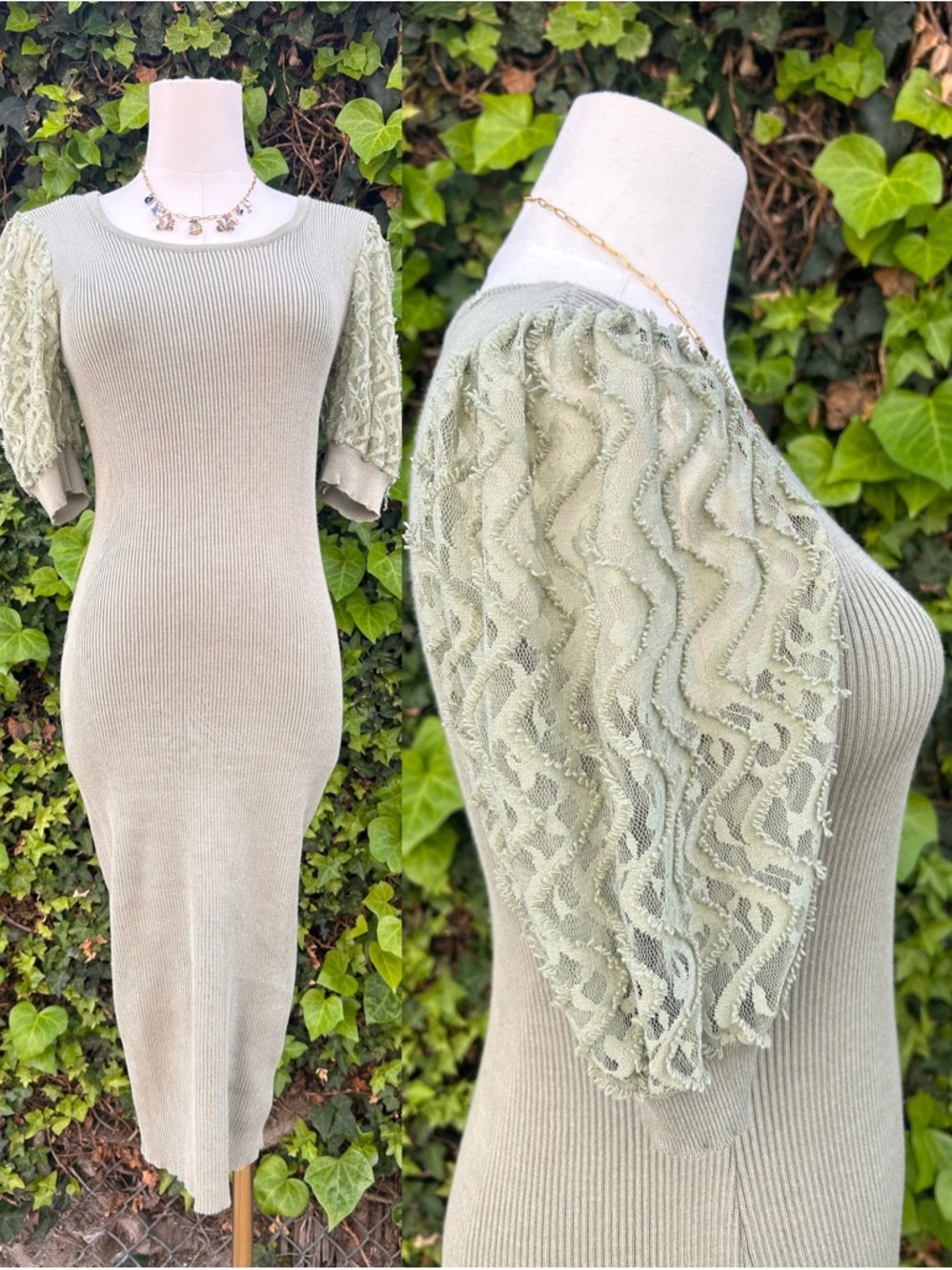 Almost Famous Fall Dress Knit Bodycon Lace Puff Sleeves Green Pistachio Sage
